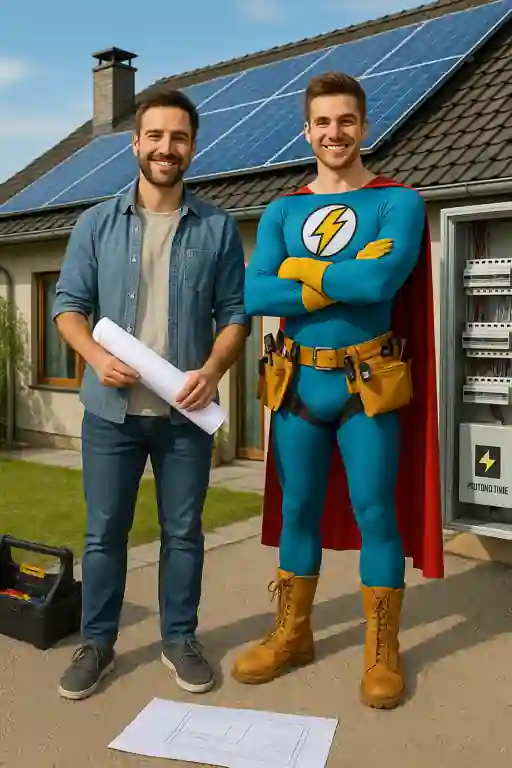 Das Bild zeigt zwei Personen vor einem Einfamilienhaus mit installierter Photovoltaikanlage auf dem Dach. Links steht ein Planer mit Bauunterlagen in der Hand, rechts daneben ein Elektriker in Superhelden-Kostüm – symbolisch für Kompetenz und Energie. Die Szene vermittelt den Moment kurz vor der offiziellen Inbetriebnahme der Anlage, was in der Praxis bedeutet: pv anlage vor anmeldung in betrieb nehmen ist nicht erlaubt – die gesetzlichen Vorgaben schreiben eine ordnungsgemäße pv anmeldung vor. Wichtig sind dabei die anforderungen für pv anlage anmeldung, die nur von geschultem Fachpersonal umgesetzt werden dürfen. Hier kommt der elektriker pv anmeldung ins Spiel. Für eine rechtssichere Umsetzung braucht es einen qualifizierten elektriker für pv-anmeldung, der die Anlagen vorschriftsgemäß prüft und meldet. Die anmeldung pv anlage elektriker ist somit ein essenzieller Schritt im gesamten Prozess der Inbetriebnahme.