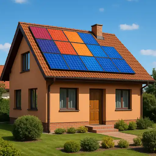 Das Bild zeigt ein modernes Einfamilienhaus mit einem schrägen Satteldach, auf dem Farbige Solarmodule installiert sind. Die Module leuchten in kräftigen Tönen wie Blau, Rot und Orange und heben sich optisch von den klassischen Terrakotta-Dachziegeln ab. Durch die bunten Photovoltaikelemente wirkt das Haus nicht nur nachhaltig, sondern auch besonders ästhetisch und individuell. Die Farbigen Solarmodule fügen sich harmonisch in die Architektur ein und zeigen, wie sich erneuerbare Energien elegant mit moderner Gestaltung verbinden lassen.