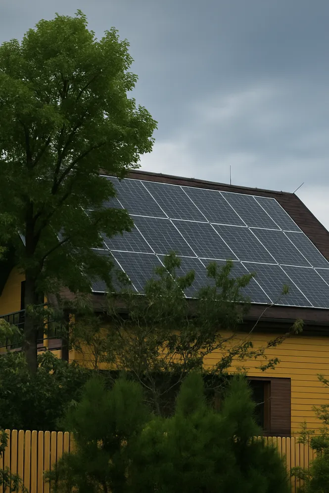 Darstellung einer PV Anlage Verschattung: Eine Photovoltaikanlage auf einem Einfamilienhaus in Hamburg-Niendorf wird teilweise von einem Baum beschattet. Das Beispiel verdeutlicht, wie Schatten die Leistung von Solarmodulen reduziert und zeigt die Relevanz technischer Lösungen wie Leistungsoptimierer.