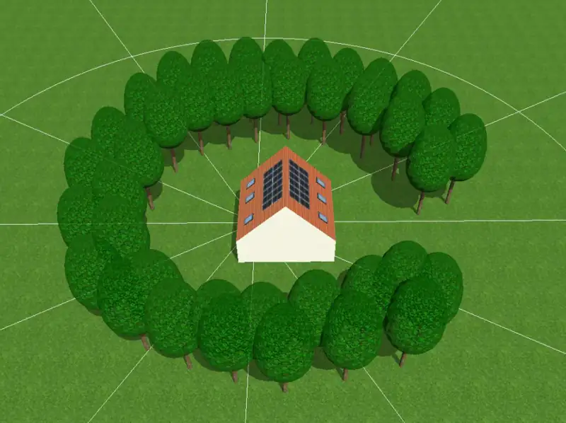 Das Bild zeigt ein Haus mit einer Photovoltaikanlage auf dem Dach, umgeben von einem dichten Ring aus Bäumen. Diese Verschattungssituation ist ein klassisches Beispiel für eine herausfordernde Wechselrichter Auswahl. Um die PV-Anlage trotz Schatten effizient zu betreiben, müssen geeignete Leistungsoptimierer eingesetzt und der passende Wechselrichter ausgewählt werden. Genau in solchen Fällen entscheidet die richtige Planung über Wirtschaftlichkeit und Ertrag. PV Tools – Planungshilfe für die Solaranlage