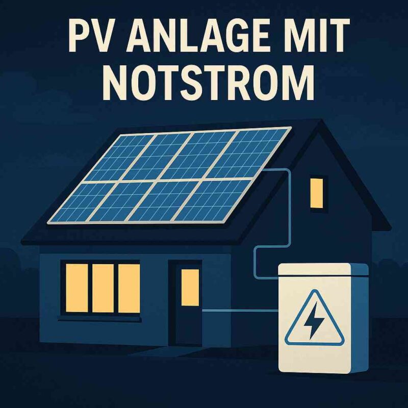 PV Anlage mit Notstrom an Einfamilienhaus – Solarpanels auf dem Dach und angeschlossener Stromspeicher sichern Stromversorgung bei Stromausfall.