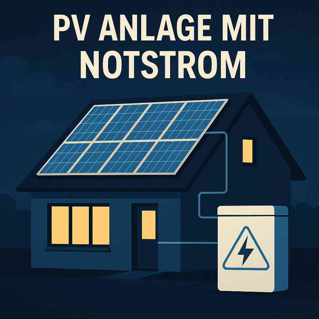 PV Anlage mit Notstrom an Einfamilienhaus – Solarpanels auf dem Dach und angeschlossener Stromspeicher sichern Stromversorgung bei Stromausfall.