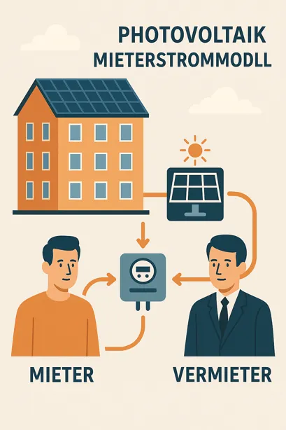 Das Bild zeigt eine schematische Darstellung eines mieterstrom-Systems, bei dem Strom aus einer photovoltaik-mieterstrom-Anlage auf dem Dach eines Mehrfamilienhauses direkt an die Bewohner geliefert wird. Solche mieterstrommodelle ermöglichen es Mietern, am selbst erzeugten Solarstrom teilzuhaben. In diesem Fall basiert das Konzept auf einer mieterstrom pv anlage, bei der der Vermieter den Strom an die Mieter weiterleitet. Das dargestellte photovoltaik mieterstrommodell zeigt deutlich, wie die Energie vom Solardach über einen Zähler zum Mieter gelangt. Dabei handelt es sich um ein typisches pv mieterstrommodell. Wer eine pv anlage mieterstrom betreibt, benötigt ein durchdachtes pv anlage mieterstrommodell, das den Energiefluss, die Verteilung und die Abrechnung regelt. Die abrechnung mieterstrom photovoltaik erfolgt meist über einen zentralen Zähler, wie im Bild dargestellt. Dafür kommen spezialisierte mieterstromanbieter ins Spiel, die oft auch bei der mieterstromförderung beraten. Ein wichtiges Element im Betrieb ist das pv mieterstrommodell messkonzept, also die technische Ausgestaltung der Zählpunkte. Das Modell ermöglicht solarstrom für mieter ohne eigene Investition in eine PV-Anlage. Es gibt zahlreiche mieterstrommodell anbieter, die sich auf rechtliche und technische Abwicklung spezialisiert haben. Viele Eigentümer und Mieter berichten über ihre mieterstrommodell erfahrungen – sowohl positive als auch mit Herausforderungen. Ein zentrales Thema ist: wie funktioniert das mieterstrommodell? oder auch wie funktioniert mieterstrommodell – das Bild liefert eine visuelle Antwort. Auch die abrechnung mieterstrommodell hängt eng mit dem messkonzept mieterstrommodell zusammen. Gesetzlich ist das Modell über das mieterstrommodell eeg geregelt, wobei auch die mieterstrommodell eeg-umlage berücksichtigt werden muss. Interessant wird es auch im Bereich mieterstrommodell einfamilienhaus oder mieterstrommodell für gewerbe, wo ähnliche Prinzipien angewendet werden. Für die Umsetzung stehen oft ein mustervertrag mieterstrom photovoltaik oder Vorlagen bereit, um rechtlich auf der sicheren Seite zu sein. Auch steuerliche Aspekte wie die photovoltaik mieterstrom steuer müssen beachtet werden. Für die technische Ausführung sind Details wie das pv mieterstrom messkonzept relevant – ebenso wie der pv mieterstrom vertrag, der die rechtlichen Grundlagen zwischen Vermieter und Mieter regelt.