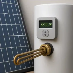 Auf dem Bild ist ein moderner Heizstab mit Photovoltaik zu sehen, der zur Warmwasserbereitung verwendet wird. Die digitale Steuerung zeigt eine Leistung von 3200 W an. Neben dem Warmwasserspeicher ist ein Photovoltaikmodul abgebildet, das den Photovoltaik-Heizstab mit Strom versorgt. Das System eignet sich ideal für das Heizen mit Photovoltaik-Heizstab, insbesondere zum Photovoltaik-Heizstab Nachrüsten oder zur Integration in bestehende Anlagen wie eine Gasheizung mit Photovoltaik-Heizstab oder eine Pelletheizung mit Photovoltaik-Heizstab. Diese Art der Photovoltaik-Heizstab Steuerung ermöglicht eine effiziente PV-Heizstab Regelung für Warmwasser mit Photovoltaik, auch in Kombination mit einem Heizstab für Warmwasserspeicher oder einem Pufferspeicher. Immer mehr Nutzer berichten positive Heizen mit Photovoltaik-Heizstab Erfahrungen und schätzen die geringe Warmwasser mit Photovoltaik-Heizstab Kosten. Auch als Photovoltaik Heizstab Set ist diese Technik erhältlich – z. B. von Marken wie Buderus oder Viessmann.