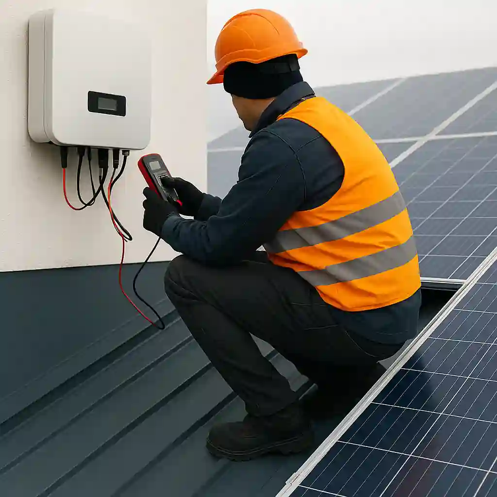 Das Bild zeigt einen Techniker mit Sicherheitsausrüstung, der auf einem Dach an einem Wechselrichter arbeitet – ein typisches Szenario für die reparatur von photovoltaikanlagen. Solche Einsätze sind notwendig, wenn eine photovoltaikanlage reparatur ansteht, sei es aufgrund technischer Störungen, Defekte oder Leistungsverlust. Die dargestellte Arbeit könnte auch eine reparatur solaranlage betreffen, denn regelmäßige Wartung und Instandhaltung sind entscheidend für die Lebensdauer und Effizienz. In manchen Fällen muss man gezielt eine photovoltaikanlage reparieren, etwa bei Modul- oder Verkabelungsschäden. Der Fachmann prüft möglicherweise gerade die Elektronik, um die pv anlage reparieren zu können. Solche Arbeiten fallen unter den Bereich pv anlage reparatur, der sowohl private als auch gewerbliche Anlagen betrifft. Insgesamt handelt es sich hier um eine klassische solaranlage reparatur, die für den langfristigen und sicheren Betrieb der Anlage unerlässlich ist.
