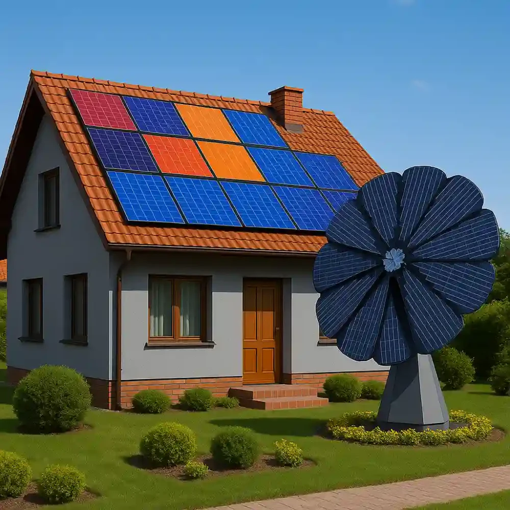 Ein modernes Einfamilienhaus mit grauen Wänden und Solarmodulen auf dem Dach. Daneben steht im Garten eine Solarblume (Solarflower), die sich wie eine große Blüte entfaltet und Sonnenenergie erzeugt.