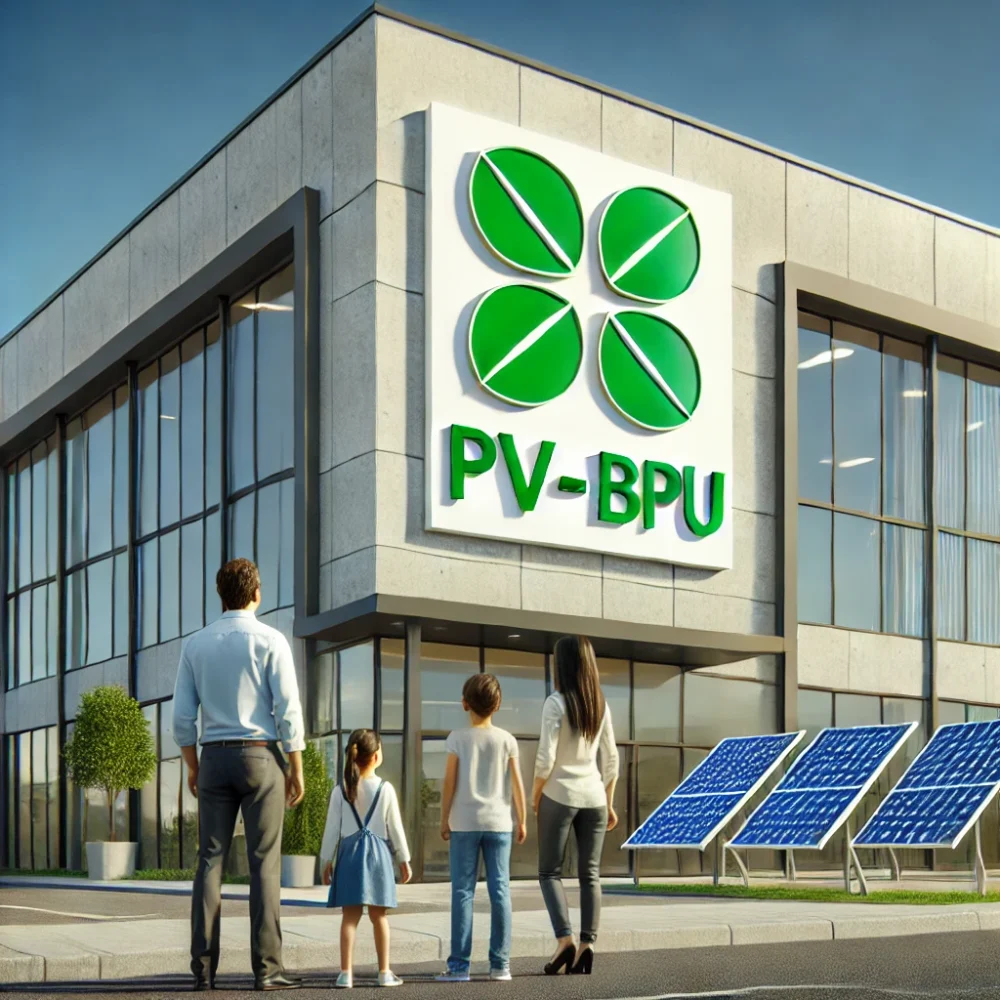 Das Bild zeigt ein modernes Firmengebäude mit großem Logo „PV-BPU“, vor dem eine Familie steht und das Gebäude betrachtet. Auf dem Vorplatz sind Solarpanels installiert – ein klares Zeichen dafür, dass es sich um eine solarfirma in der nähe oder eine solarteurfirma in der nähe handelt. Solche Anbieter bieten Leistungen rund um photovoltaik in der nähe, insbesondere für Interessenten, die gezielt nach einem solarteur in der nähe suchen. Ein solaranbieter in der nähe oder solaranbieter in meiner nähe wie dieser hier bietet Beratung, Installation und Wartung aus einer Hand. Der gezeigte solaranlagen installateur in der nähe könnte auch als solarunternehmen in meiner nähe firmieren – ideal für Familien, die nach dem beste pv anbieter in der nähe Ausschau halten. Die moderne Architektur des Gebäudes und die Positionierung der PV-Module sprechen für zusätzliche Lösungen wie fassade pv in der nähe. Wer in der Region wohnt, könnte sich über förderung pv anlage nähe hamburg oder förderung pv-anlage nähe hamburg informieren, um staatliche Unterstützung zu nutzen. Auch kfw förderung pv anlage nähe hamburg ist eine relevante Option für Interessierte. Das Unternehmen könnte auch günstige pv anlagen in der nähe anbieten, was gerade für kostenbewusste Haushalte attraktiv ist. Für abgelegene Lagen könnten sie sogar offgrid pv in der nähe realisieren. Interessierte Kunden können hier ein pv angebot einholen in der nähe oder sich über aktuelle pv angebote in der nähe informieren. Die Firma bietet sicher auch pv planung in der nähe an – ein wichtiger Schritt vor der Installation. Zudem könnte das Angebot auch pv zaun in der nähe oder solarzaun in der nähe umfassen, um Grundstücke funktional und nachhaltig abzugrenzen.