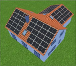 3D-Modell eines Hauses mit vollständig belegtem Dach aus Solarmodulen – Visualisierung für eine PV-Sol-Berechnung zur optimalen Planung und Auslegung Ihrer Photovoltaikanlage.