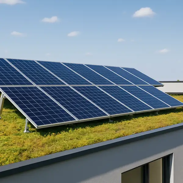 Das Bild zeigt eine moderne gründach photovoltaik-Installation: Solarmodule sind auf einem bepflanzten Flachdach montiert – ein typisches Beispiel für die Kombination von photovoltaik gründach. Immer mehr Systeme wie bauder gründach photovoltaik oder bauder photovoltaik gründach setzen auf nachhaltige Lösungen, die Begrünung und Energiegewinnung verbinden. Selbst wenn das Dach zunächst nur begrünt war, lässt sich eine photovoltaik-gründach nachträglich realisieren. Ein gründach mit photovoltaik bietet zahlreiche ökologische Vorteile, ohne auf erneuerbare Stromerzeugung zu verzichten. Dank moderner Technik ist eine solar aufständerung gründach problemlos möglich. Die photovoltaik auf gründach wird dabei oft mit speziellen Systemen realisiert, die auch photovoltaik gründach nachträglich ermöglichen. Für Planer und Architekten sind Aspekte wie photovoltaik gründach detail oder die photovoltaik gründach kosten wichtige Entscheidungsgrundlagen. Ein intelligentes Dachkonzept wie gründach und photovoltaik verbindet ökologische Bauweise mit Energieeffizienz. Die kombination gründach photovoltaik bietet dabei Vorteile für Klima, Gebäudeisolierung und Stromverbrauch. Wichtig für die Statik und Langlebigkeit ist auch die photovoltaik gründach befestigung, die speziell für solche Anwendungen entwickelt wird. Auch die Möglichkeit, photovoltaik nachträglich auf gründach zu installieren, macht dieses Konzept besonders flexibel. Dabei profitieren Gebäudebesitzer sowohl von der photovoltaik und gründach-Synergie als auch von der kombination gründach und photovoltaik. Ein weiterer Vorteil: Die energieeffizienz gründach photovoltaik ist hoch, da die Dachbegrünung zur Kühlung beiträgt und damit die Leistung der Module verbessert. Die kosten solar gründach sind zwar zunächst höher, amortisieren sich jedoch langfristig durch Einsparungen. Selbst eine photovoltaik auf geneigtem gründach ist technisch möglich, wobei eine passende photovoltaik unterkonstruktion gründach zum Einsatz kommt. Systeme dieser Art werden auch als pv gründach bezeichnet. Zu den vielen vorteile photovoltaik gründach zählen Lärmschutz, Wasserretention, bessere Isolierung und CO₂-Einsparung. All diese Aspekte verdeutlichen die vorteile von gründach und photovoltaik, die eine zukunftsfähige Gebäudetechnik ermöglichen.