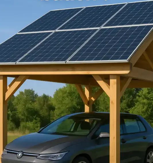 Ein moderner Carport aus Holz mit montierten Photovoltaikmodulen auf dem Dach. Darunter steht ein Auto geschützt im Schatten. Die Szene zeigt eine umweltfreundliche Möglichkeit zur Energiegewinnung direkt am eigenen Haus – perfekt für alle, die einen Photovoltaik Carport selber bauen möchten, um Strom zu erzeugen und gleichzeitig ihr Fahrzeug zu schützen.