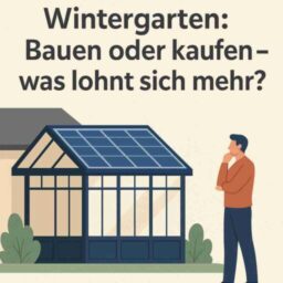 Illustration eines Wintergartens mit Solardach und nachdenklicher Person im Vordergrund – Thema: Photovoltaik Wintergarten kaufen oder bauen.