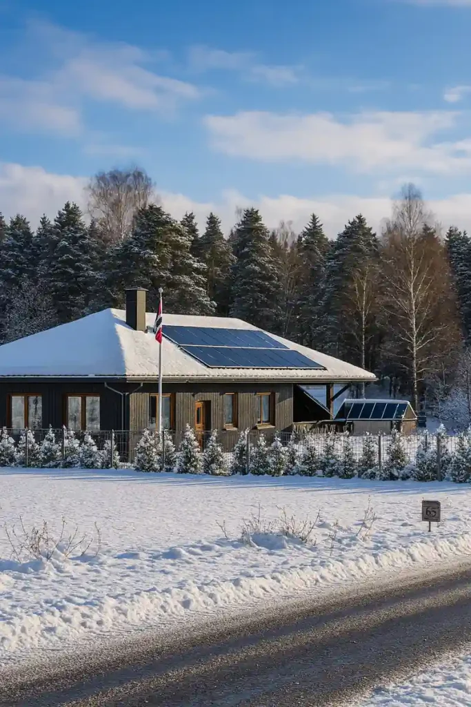 Eine moderne Photovoltaikanlage im Winter auf dem Dach eines Einfamilienhauses. Die Solarmodule sind teilweise von Schnee umgeben, nutzen aber die tief stehende Wintersonne, um auch in der kalten Jahreszeit Strom zu erzeugen. Das Foto zeigt anschaulich, wie eine Photovoltaikanlage im Winter trotz Schnee und kurzen Tagen Energie liefern kann.