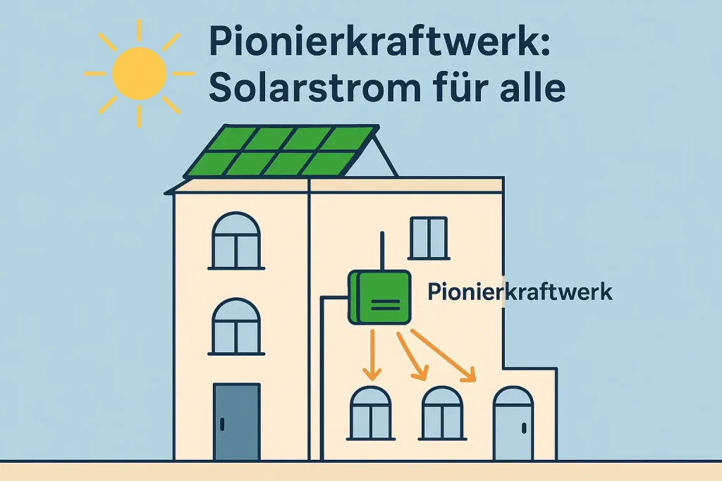 PV-Module auf dem Dach liefern Solarstrom, der über das grüne Pionierkraftwerk im Hausanschluss an die Wohnungen verteilt wird.