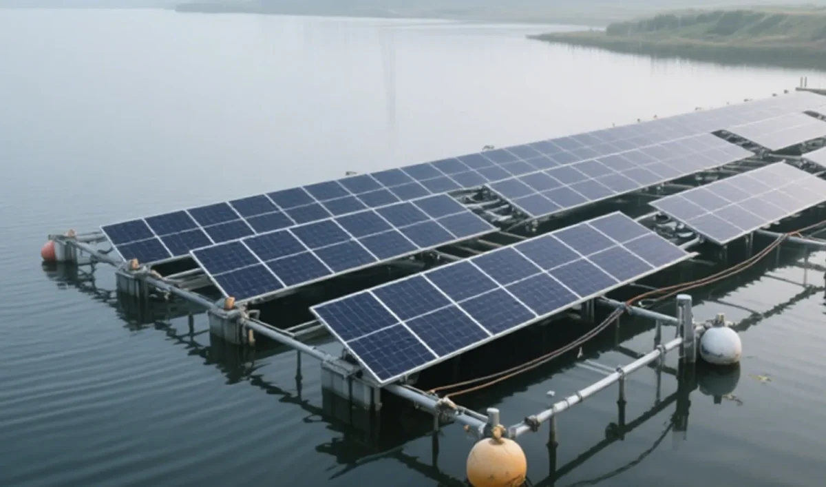 Das Bild zeigt eine schwimmende Solaranlage, die auf der Wasseroberfläche eines ruhigen Gewässers installiert ist. Mehrere Reihen von Solarmodulen sind auf einer stabilen, schwimmenden Plattform befestigt, die durch runde Schwimmkörper getragen wird. Die Anlage nutzt die Wasserfläche effizient zur Stromerzeugung aus Sonnenenergie und trägt gleichzeitig dazu bei, die Verdunstung des Wassers zu reduzieren. Im Hintergrund sind die Ufer des Sees oder Flusses zu erkennen, was die Anlage in eine natürliche Umgebung einbettet.
